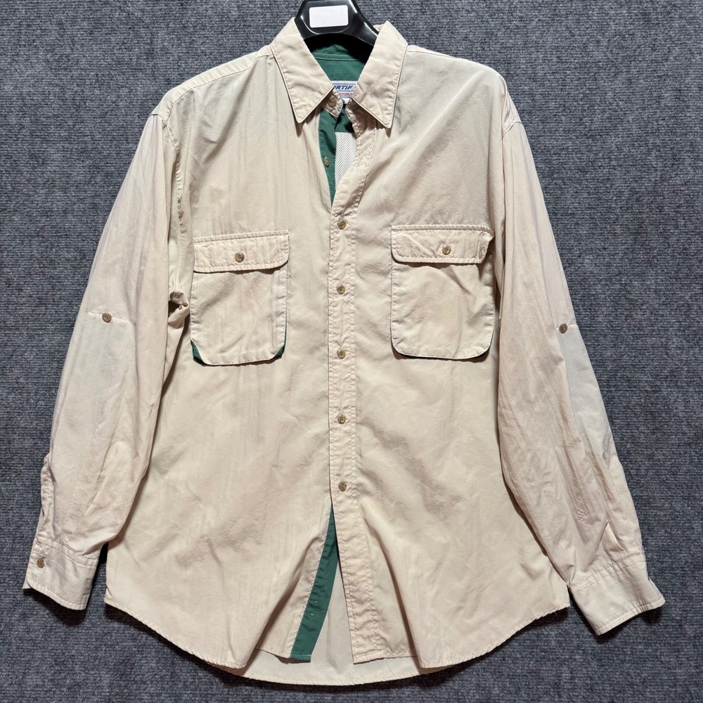 Sportif USA Shirt Mens Large Fishing Beige‎ Roll Tab Fly Safari Hunting Vent VTG